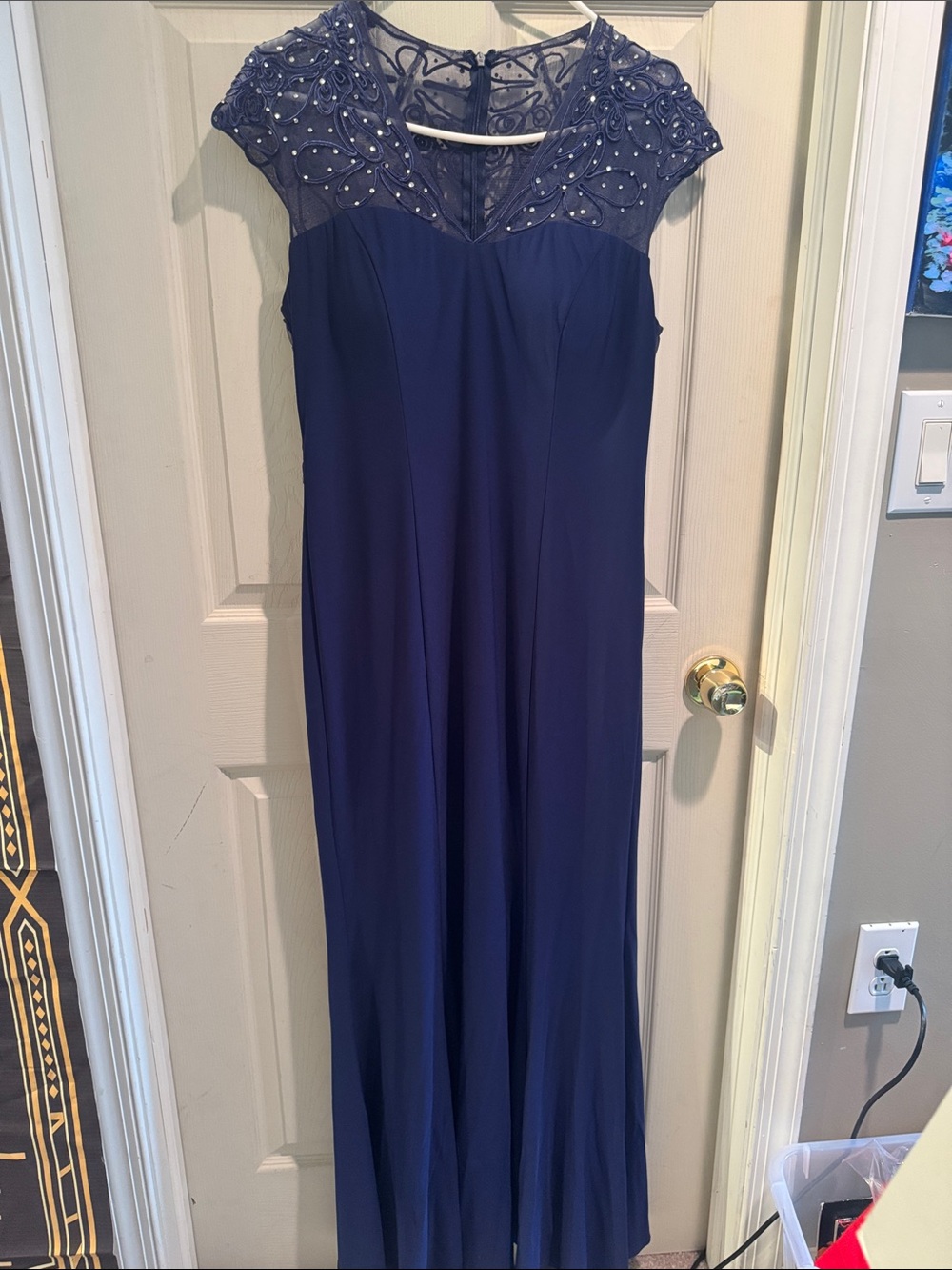 Alex Evenings Navy Embellished Maxi Dress with Beaded Illusion Yoke